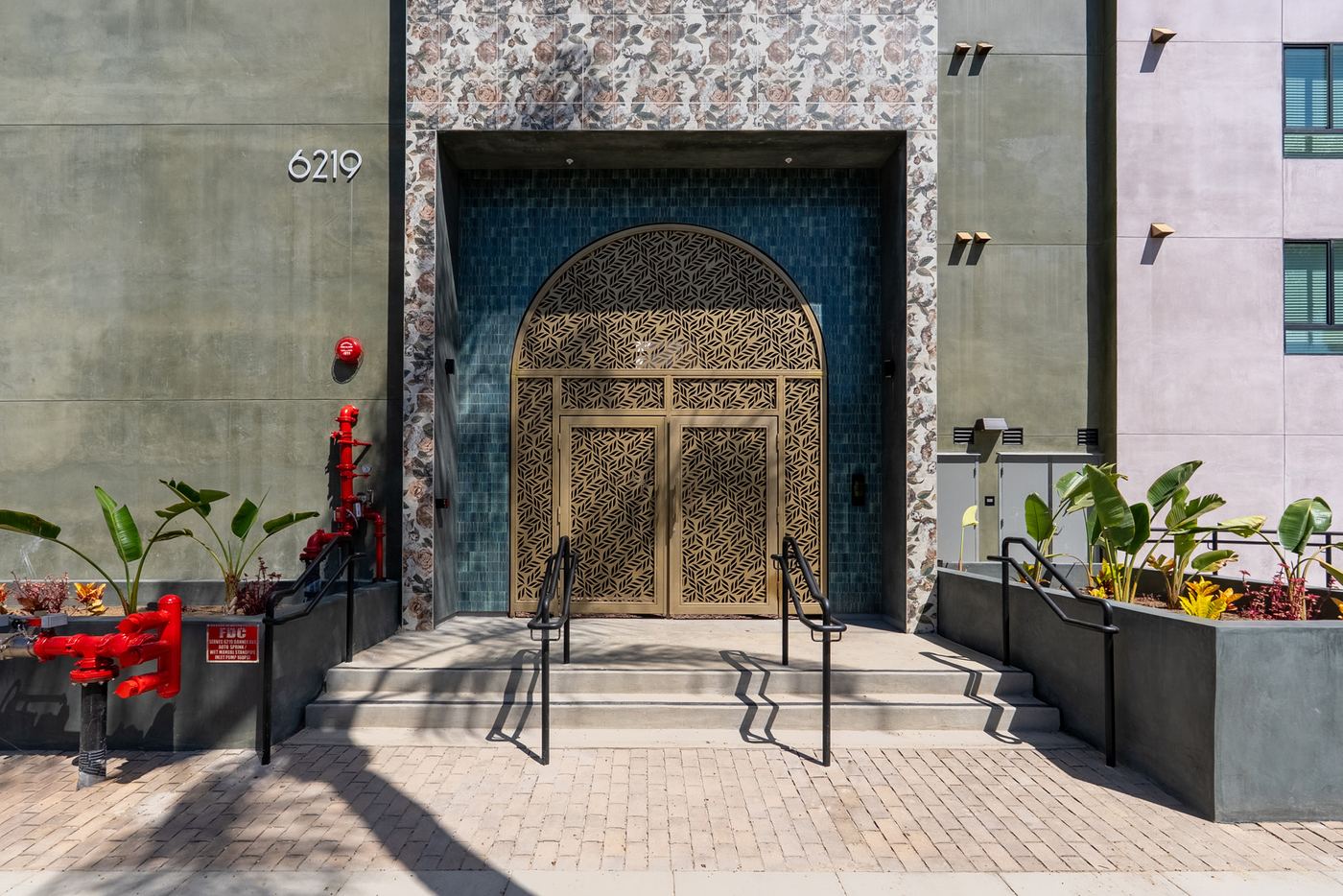 The main entrance from the sidewalk. An arched metal door under the building number 6219, with steps and handrails on both sides.